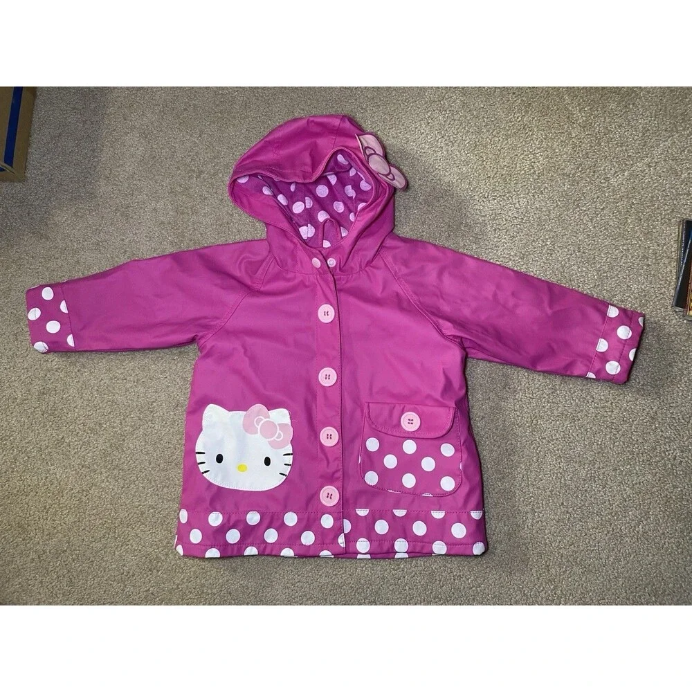 Western Chief Kids Hello Kitty Cutie Dot Pink Hooded Rain Coat Size 2T